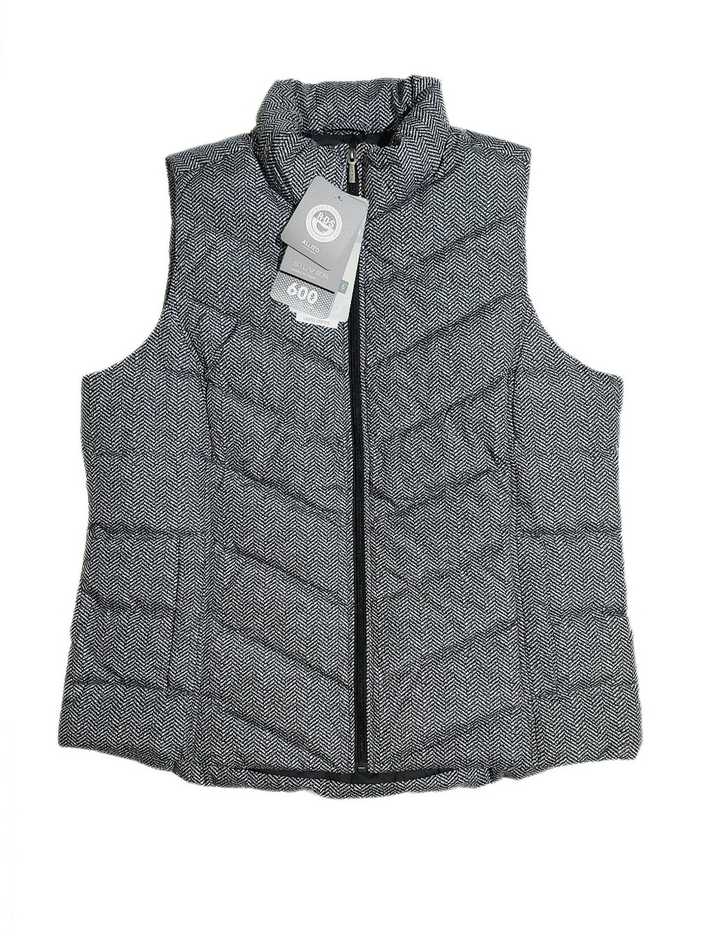 Lands End Womens 600 Down Puffer Vest Size XL Gray Chevron Herringbone Print NWT